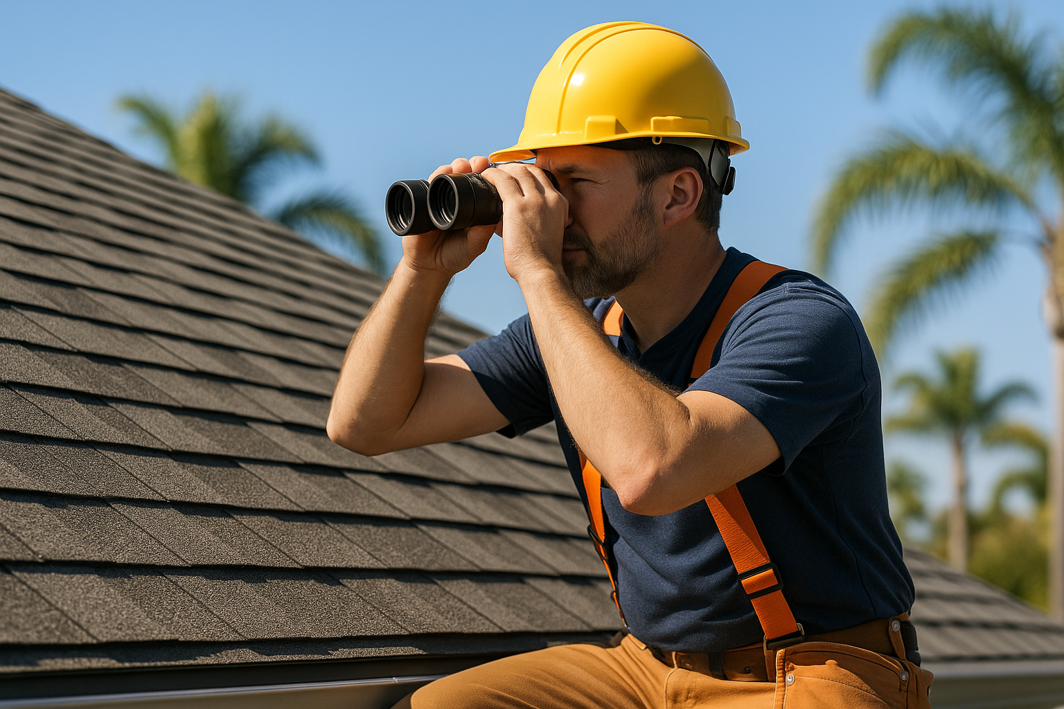 A professional roofer inspecting a roof with binoculars on a sunny day, with palm trees visible in the background