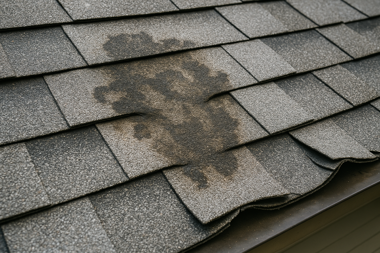 Close-up of damaged asphalt shingles with visible water staining and curling edges
