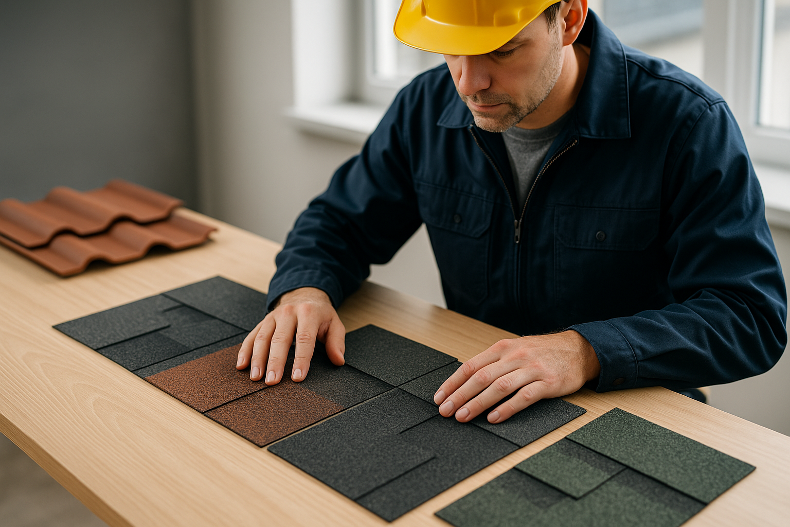 Close-up of a professional roofing specialist examining different roofing materials samples on a table