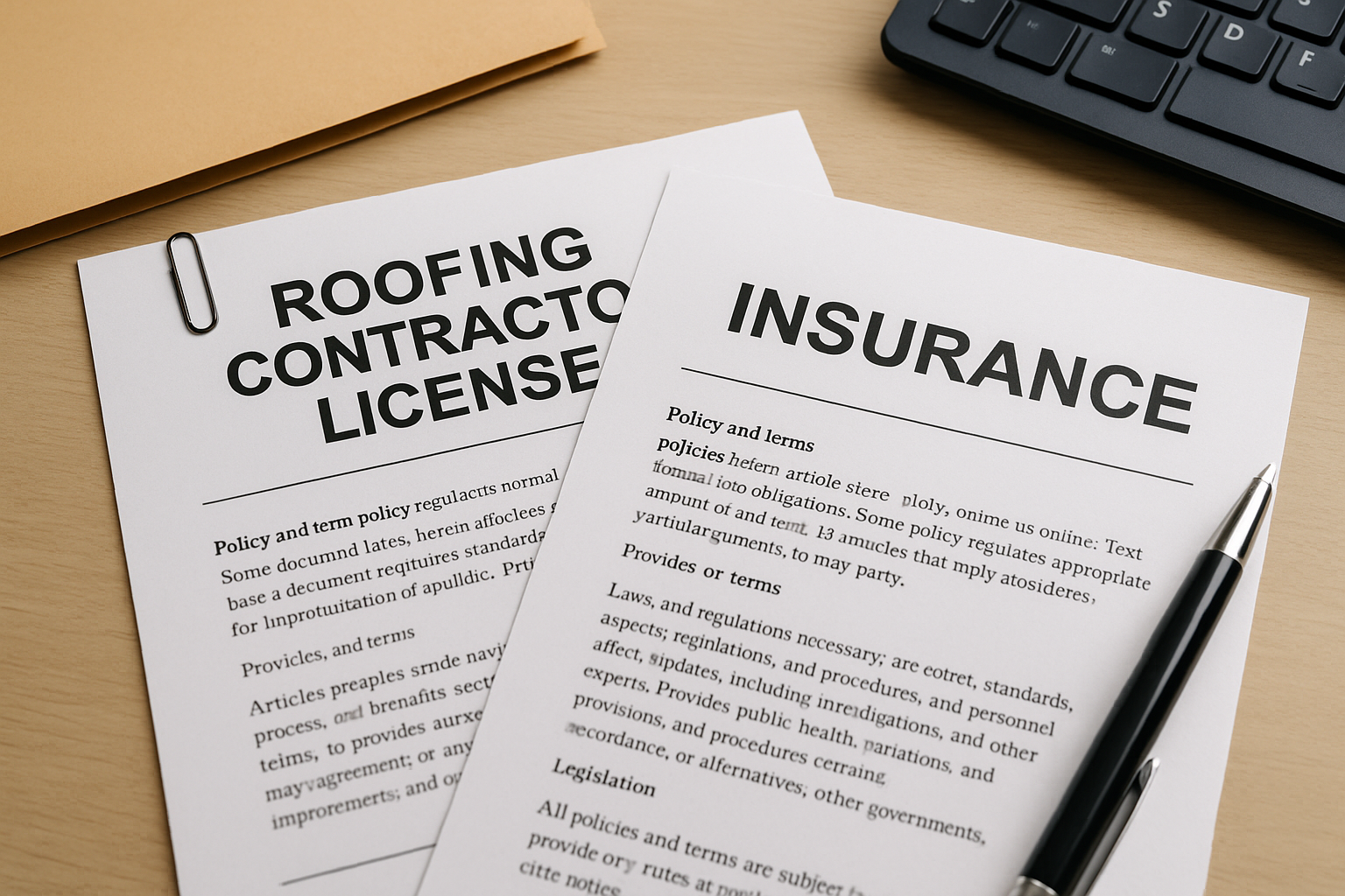 A close-up of a roofing contractor's license and insurance documents on a desk