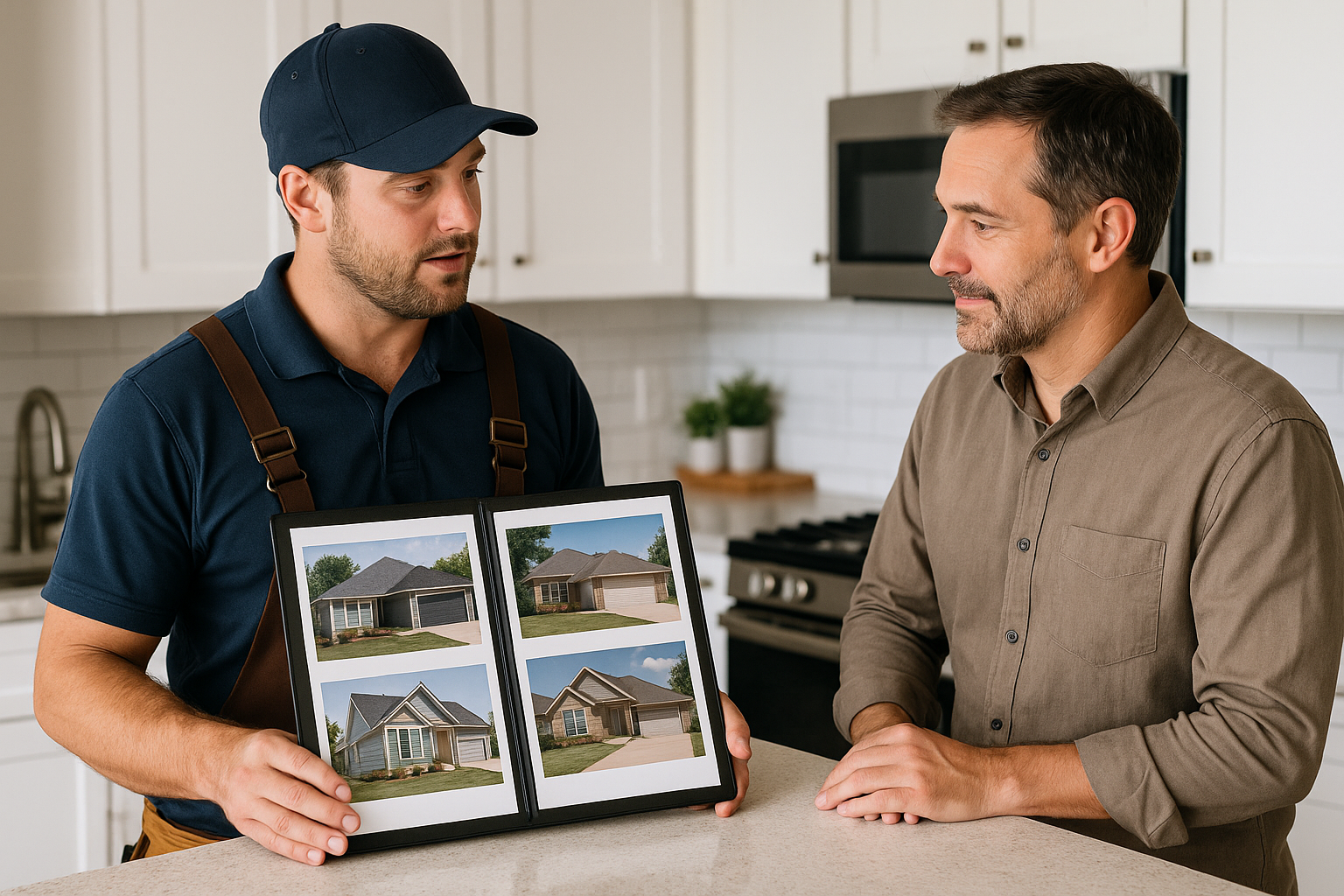 A roofing contractor presenting a portfolio of past projects to a homeowner in a kitchen setting