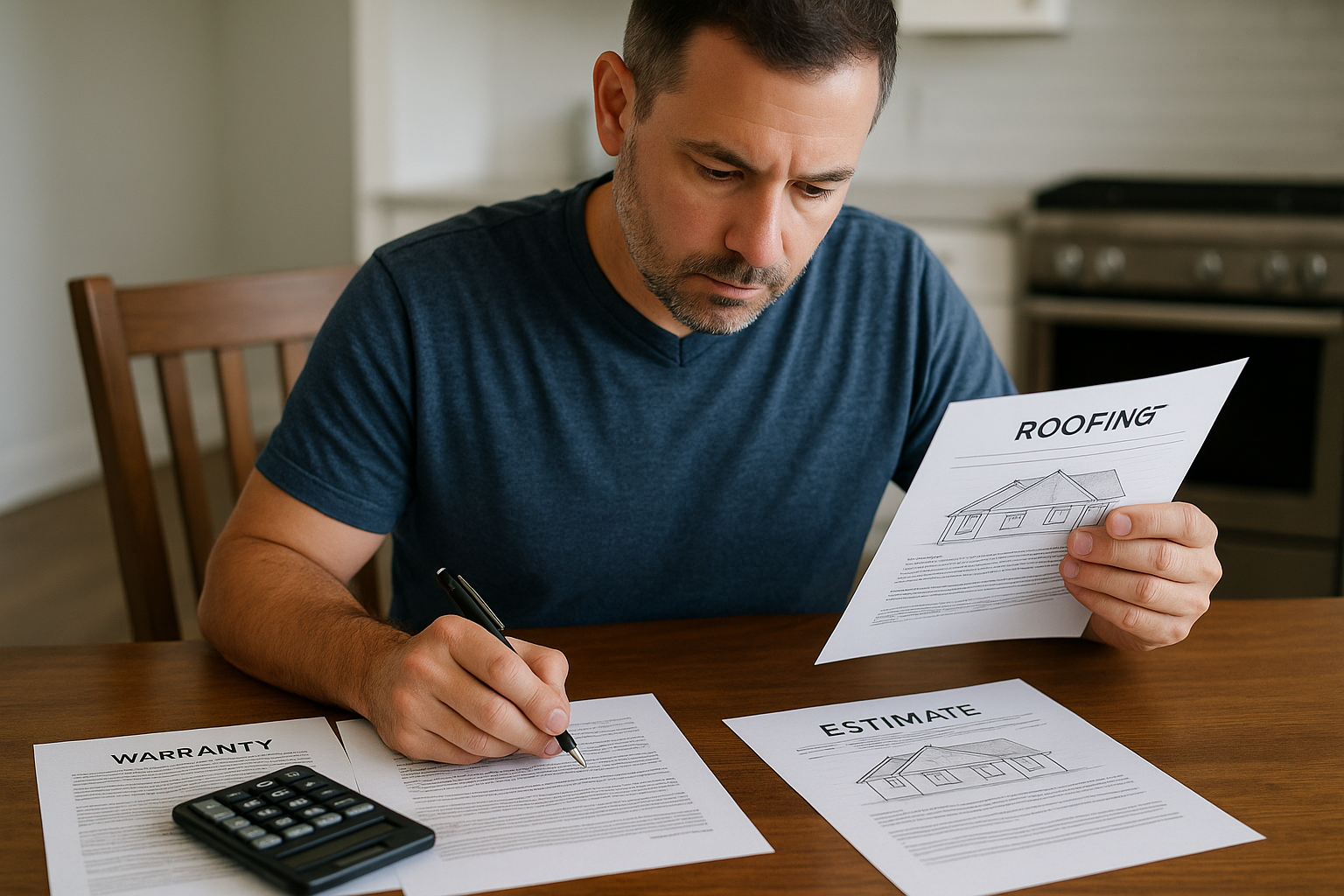 A homeowner reviewing multiple roofing repair estimates and warranty documents with a calculator and pen on a kitchen table