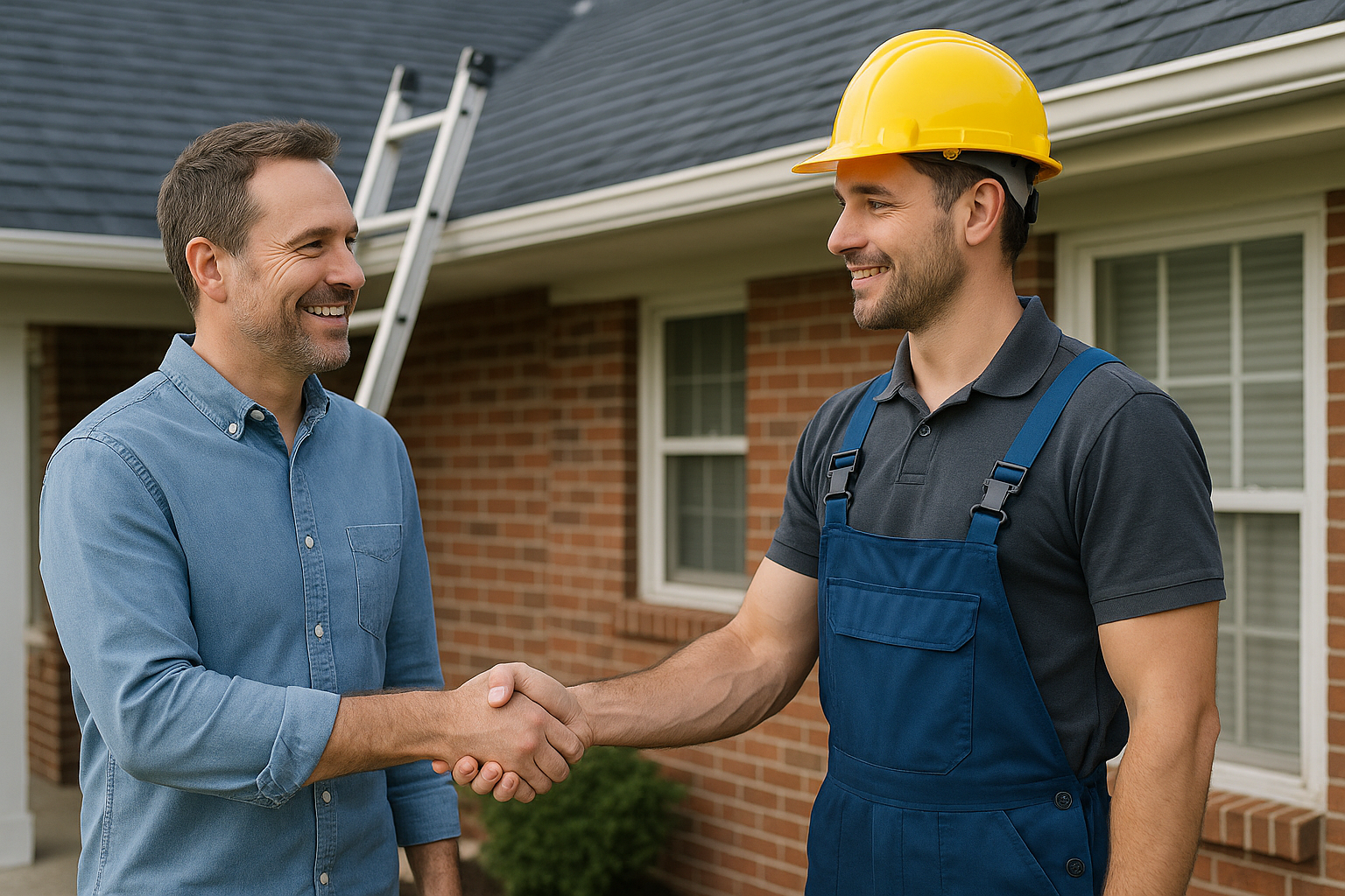 A satisfied homeowner shaking hands with a roof repair specialist after a successful repair job