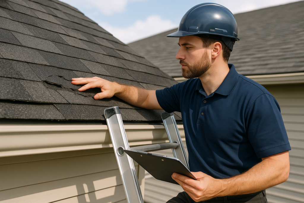 A professional roofer examining roof damage from a ladder with a clipboard in hand