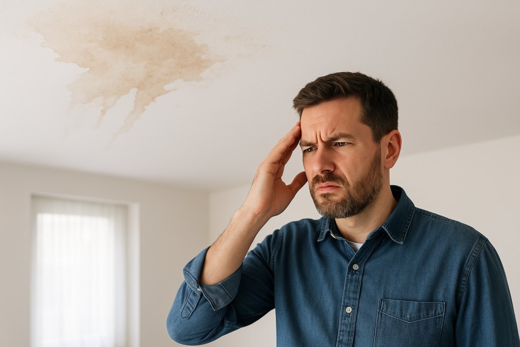 A frustrated homeowner inspecting a water-damaged ceiling with visible water stains and peeling paint