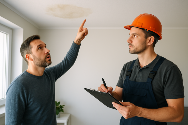 A customer pointing to a water stain on the ceiling while a roofing contractor takes notes