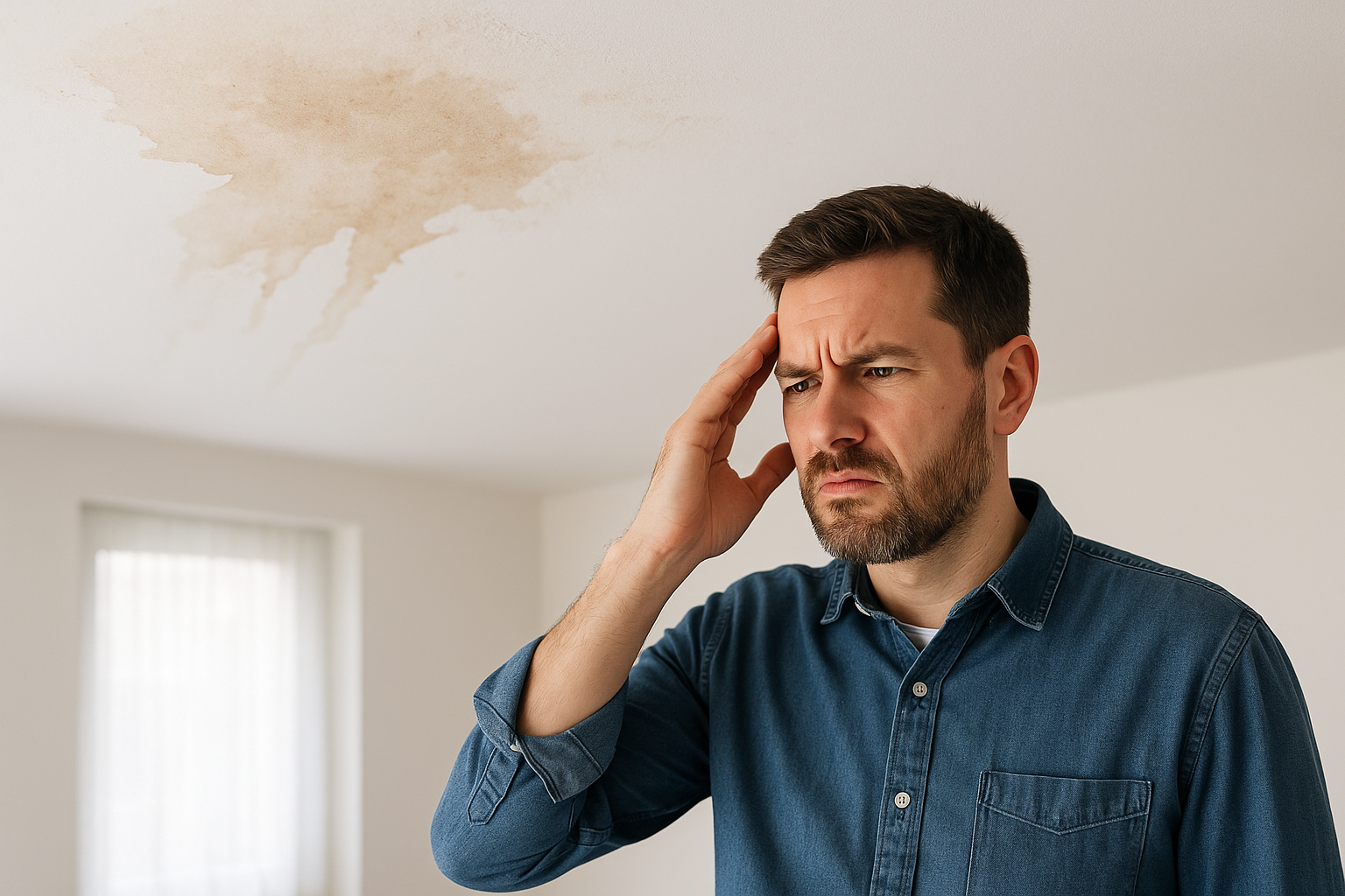 A frustrated homeowner inspecting a water-damaged ceiling with visible water stains and peeling paint