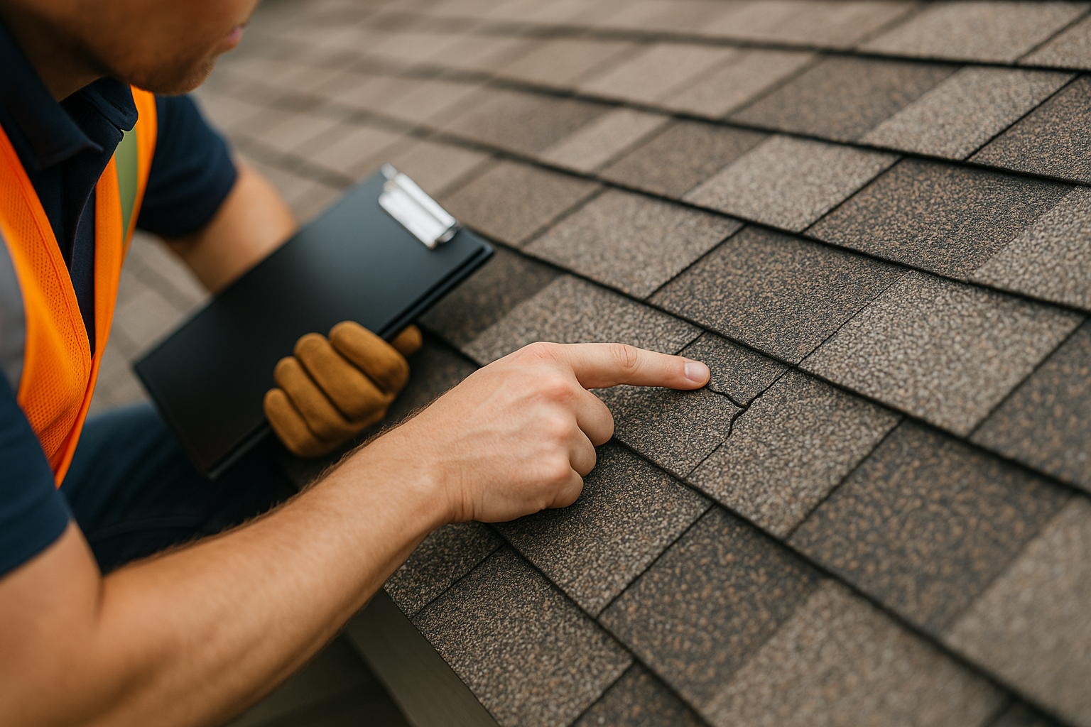 Close-up of a roofer's hand pointing to a cracked shingle during a roof inspection