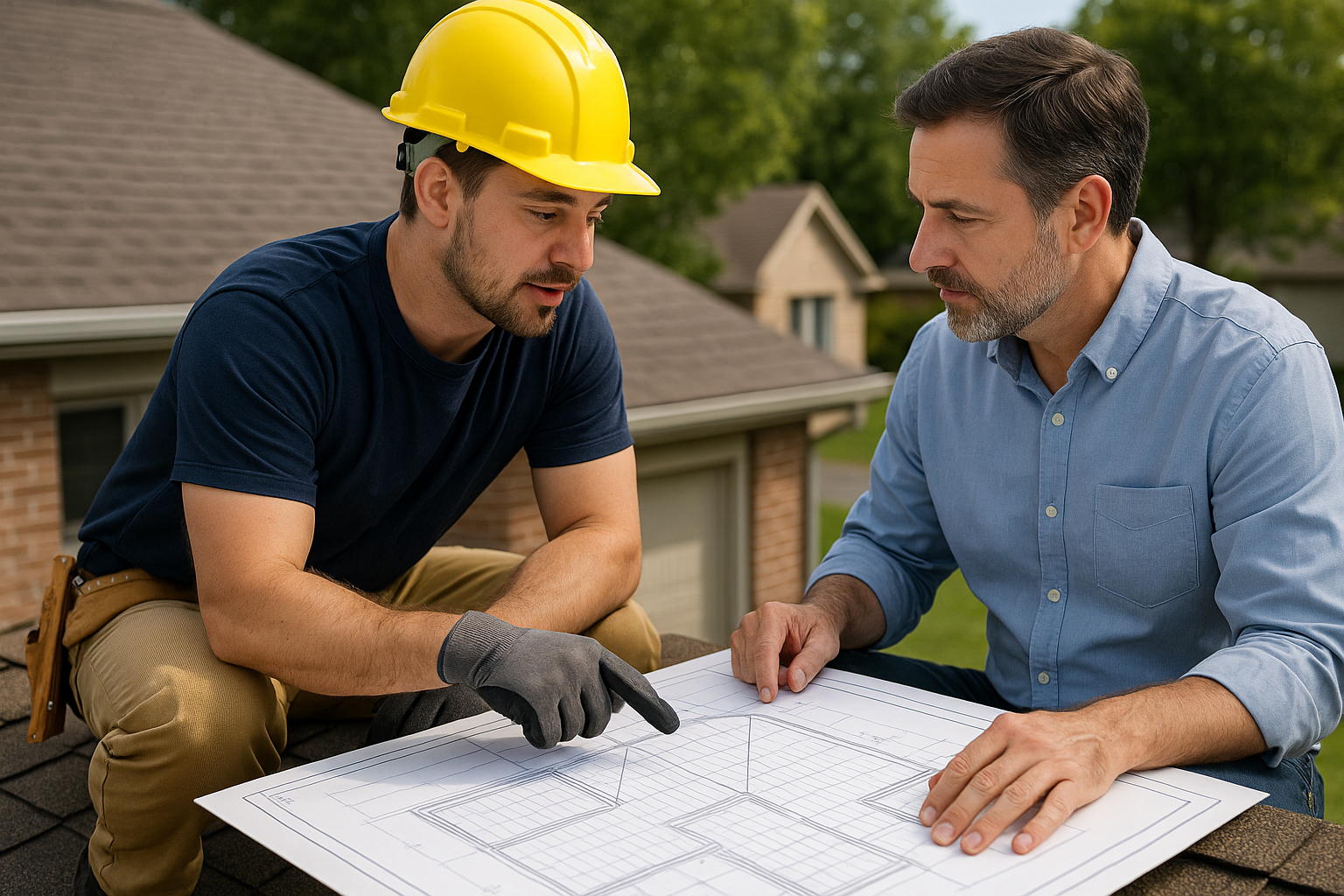 A professional roofer discussing repair plans with a homeowner over a detailed roof blueprint