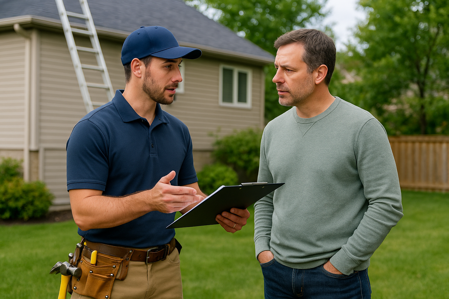 A professional roofer discussing roof repair plans with a homeowner in a suburban backyard setting