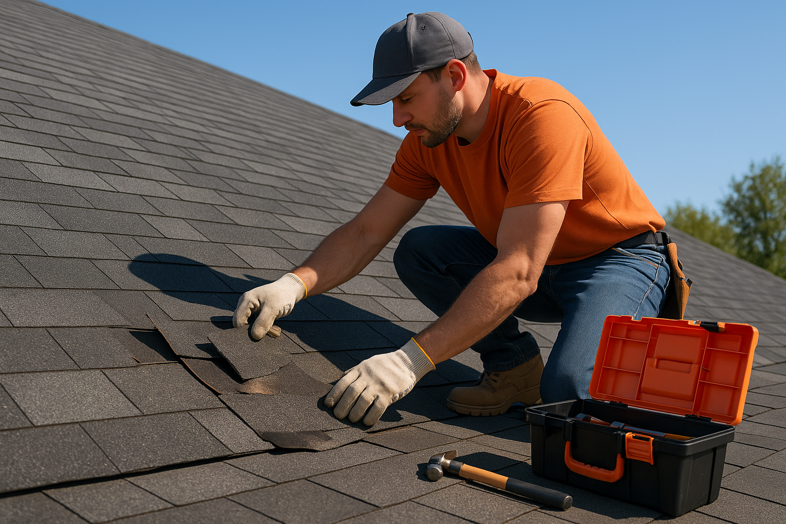 Roofer replacing damaged shingles on a sunny day with a toolbox nearby