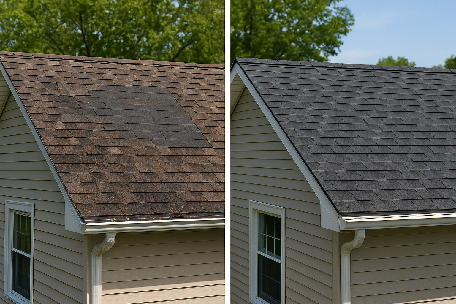 A side-by-side comparison of a repaired roof section and a new roof installation on a residential home