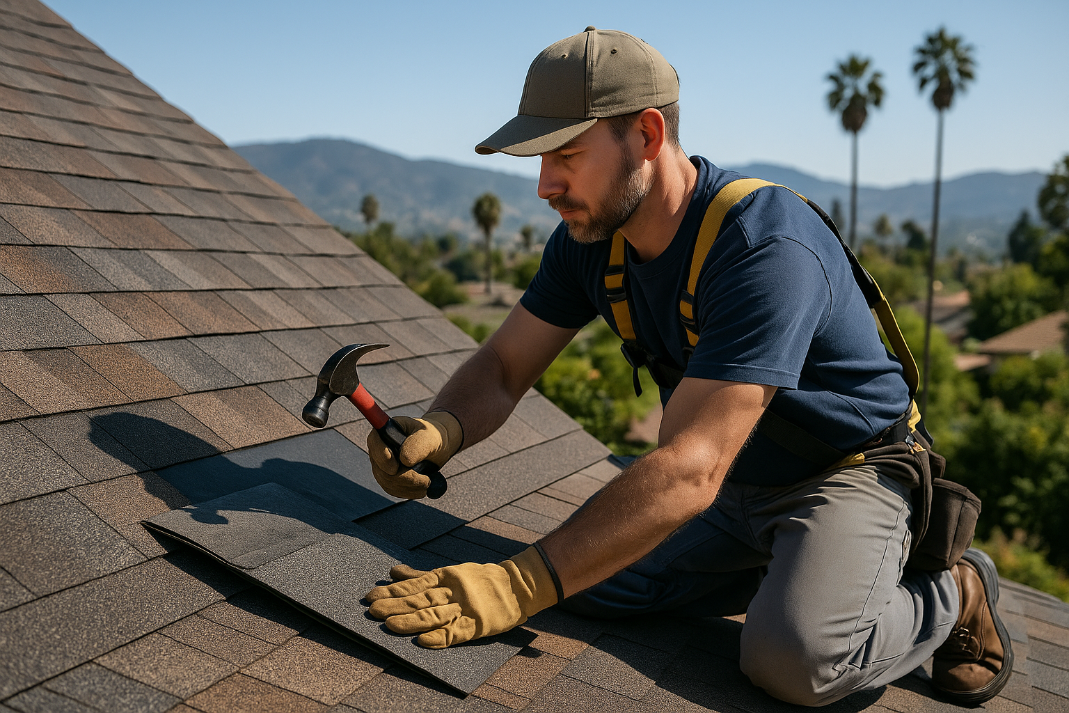An experienced roofer using high-quality materials to repair a residential roof with a picturesque California landscape in the background