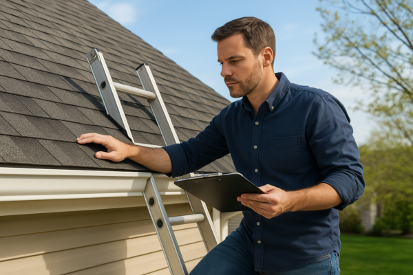 A homeowner with a clipboard inspecting the roof shingles from a ladder on a sunny day