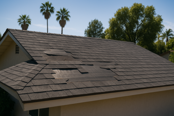 A close-up of a residential roof with visible missing shingles and exposed underlayment in a sunny California setting