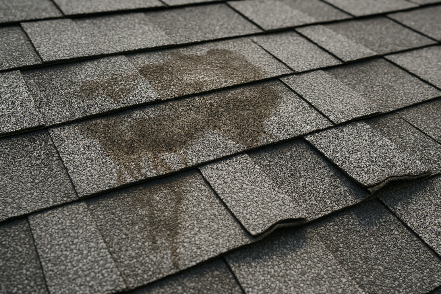 Close-up of damaged asphalt shingles with visible water staining and curling edges