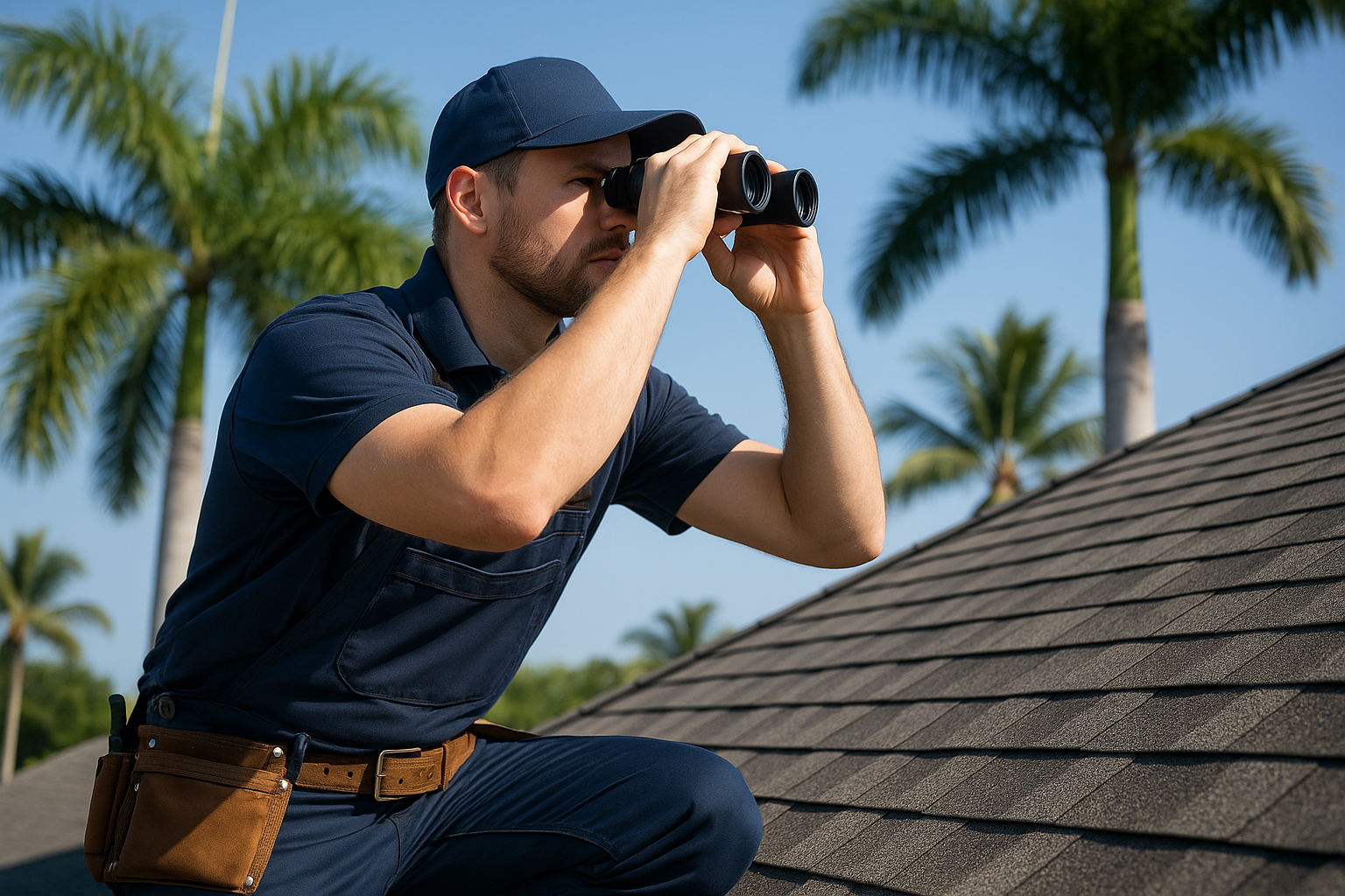 A professional roofer inspecting a roof with binoculars, surrounded by palm trees and a clear blue sky