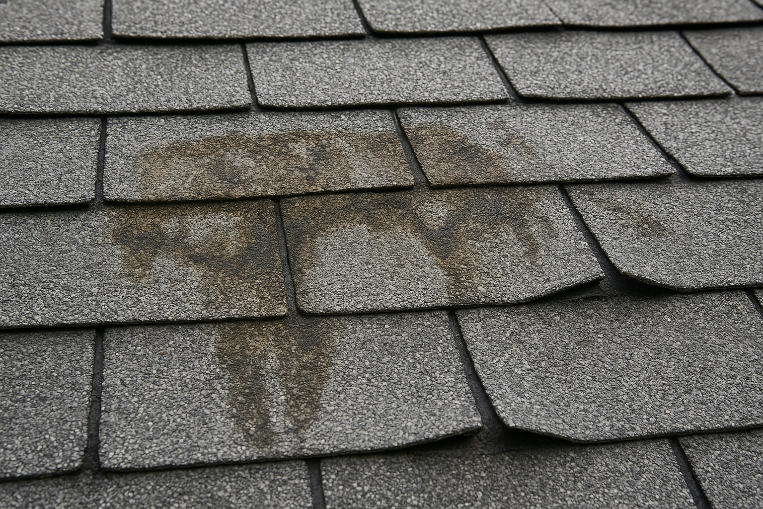 Close-up of damaged asphalt shingles with visible water staining and curling edges