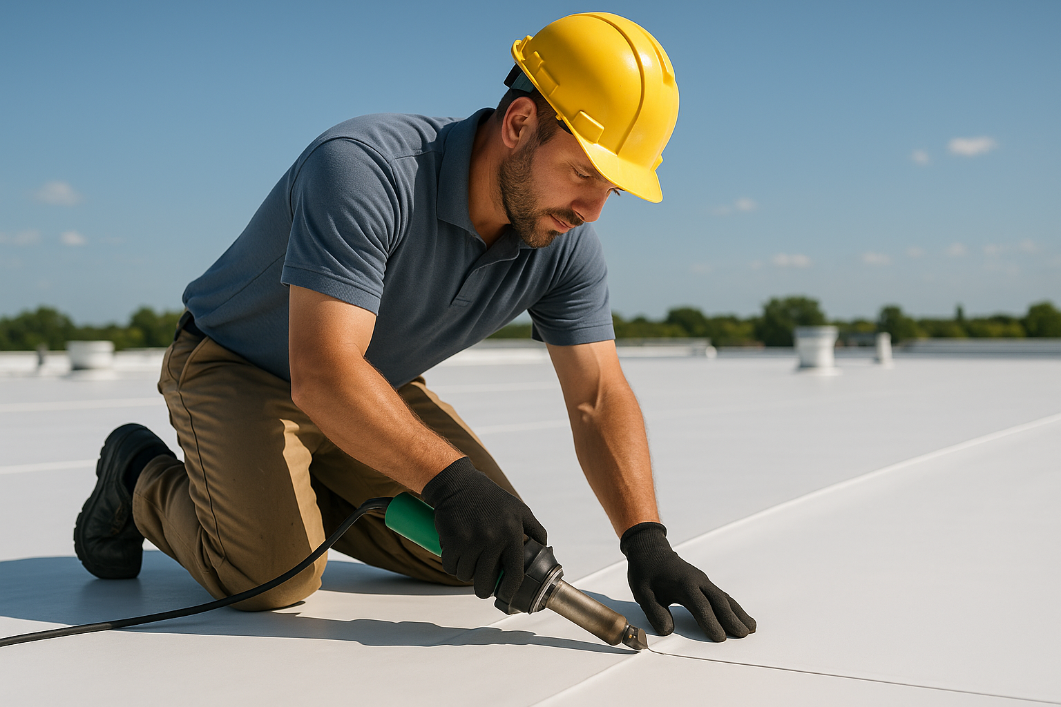 A professional roofer installing TPO membrane on a flat commercial roof on a sunny day