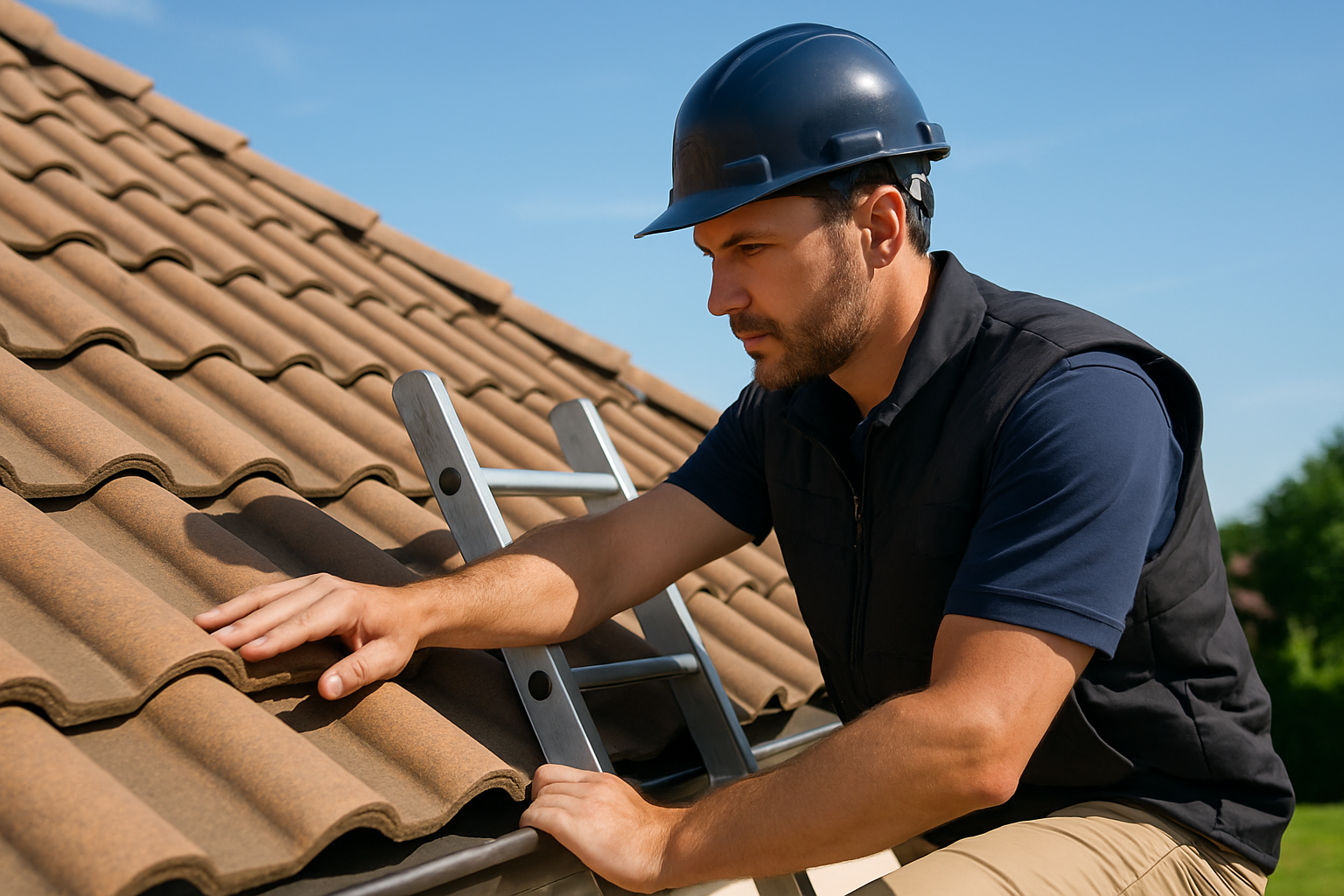Close-up of a professional roofer on a ladder inspecting a tile roof on a sunny day