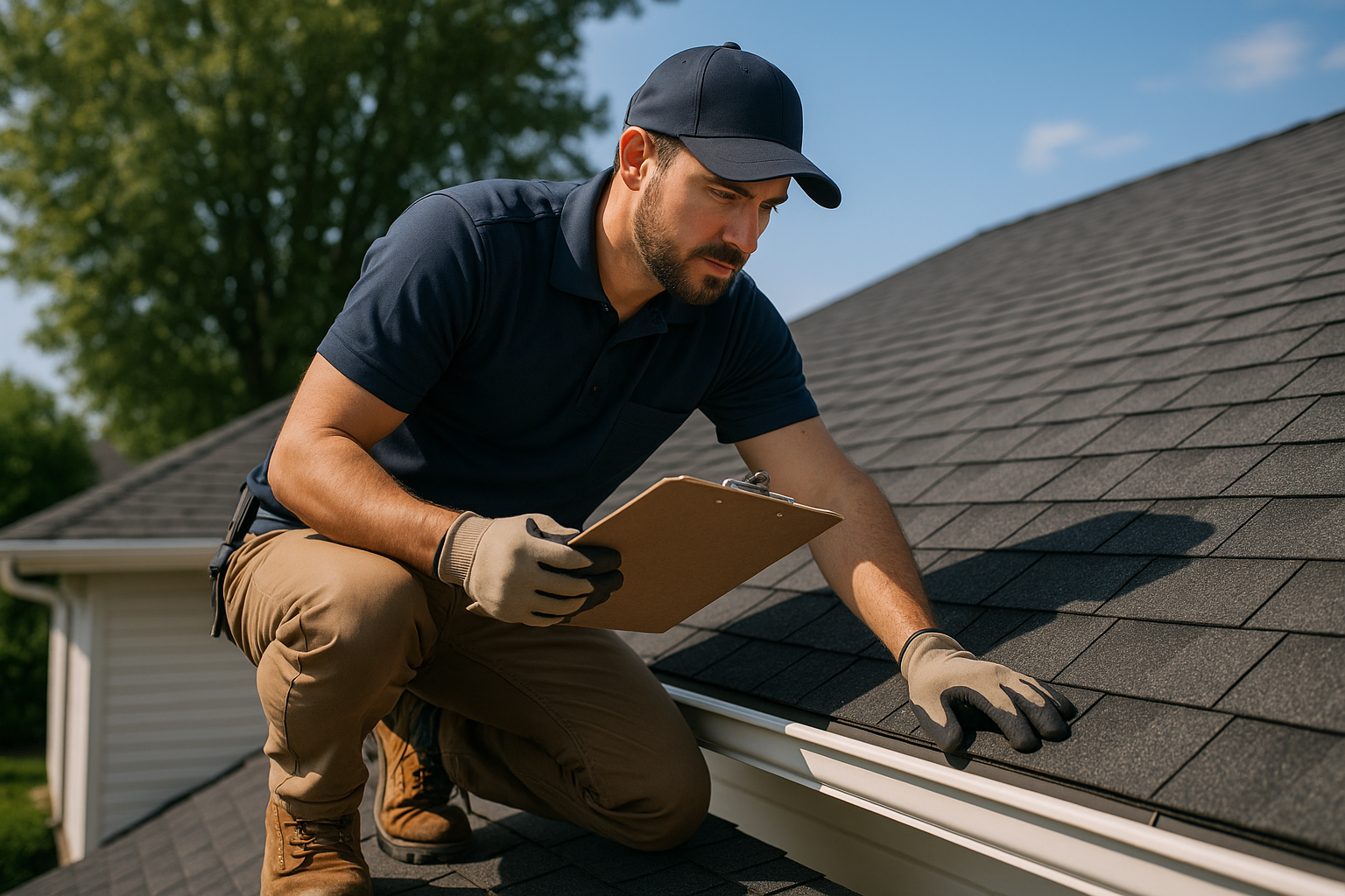 A professional roofer inspecting a residential roof with a clipboard on a sunny day