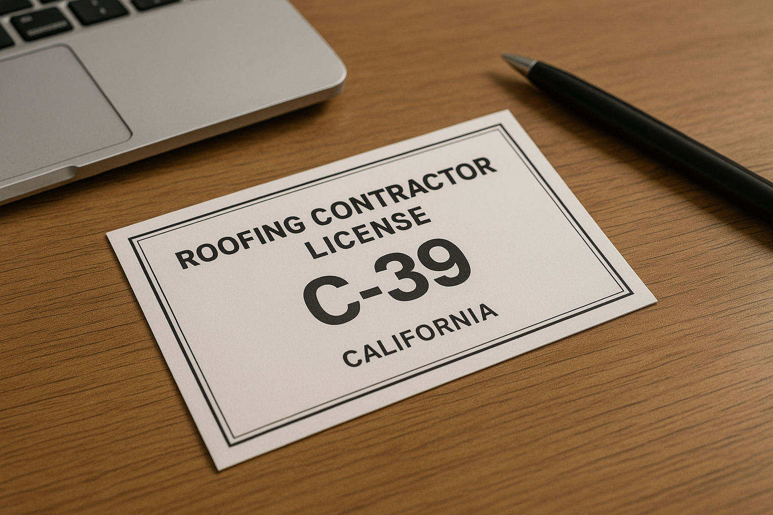 Close-up of a valid C-39 roofing contractor license displayed on a wooden desk