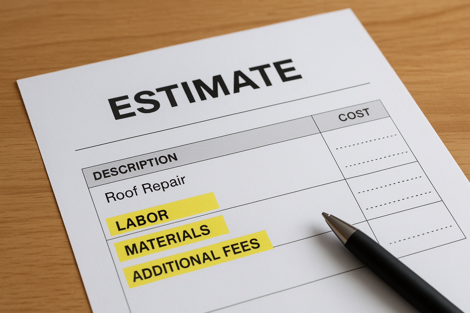 A detailed estimate document for a roof repair with highlighted sections for labor, materials, and additional fees