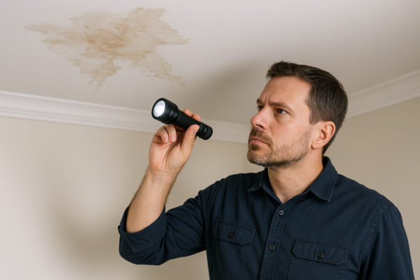 A homeowner inspecting water damage on the ceiling with a flashlight, highlighting the importance of early detection