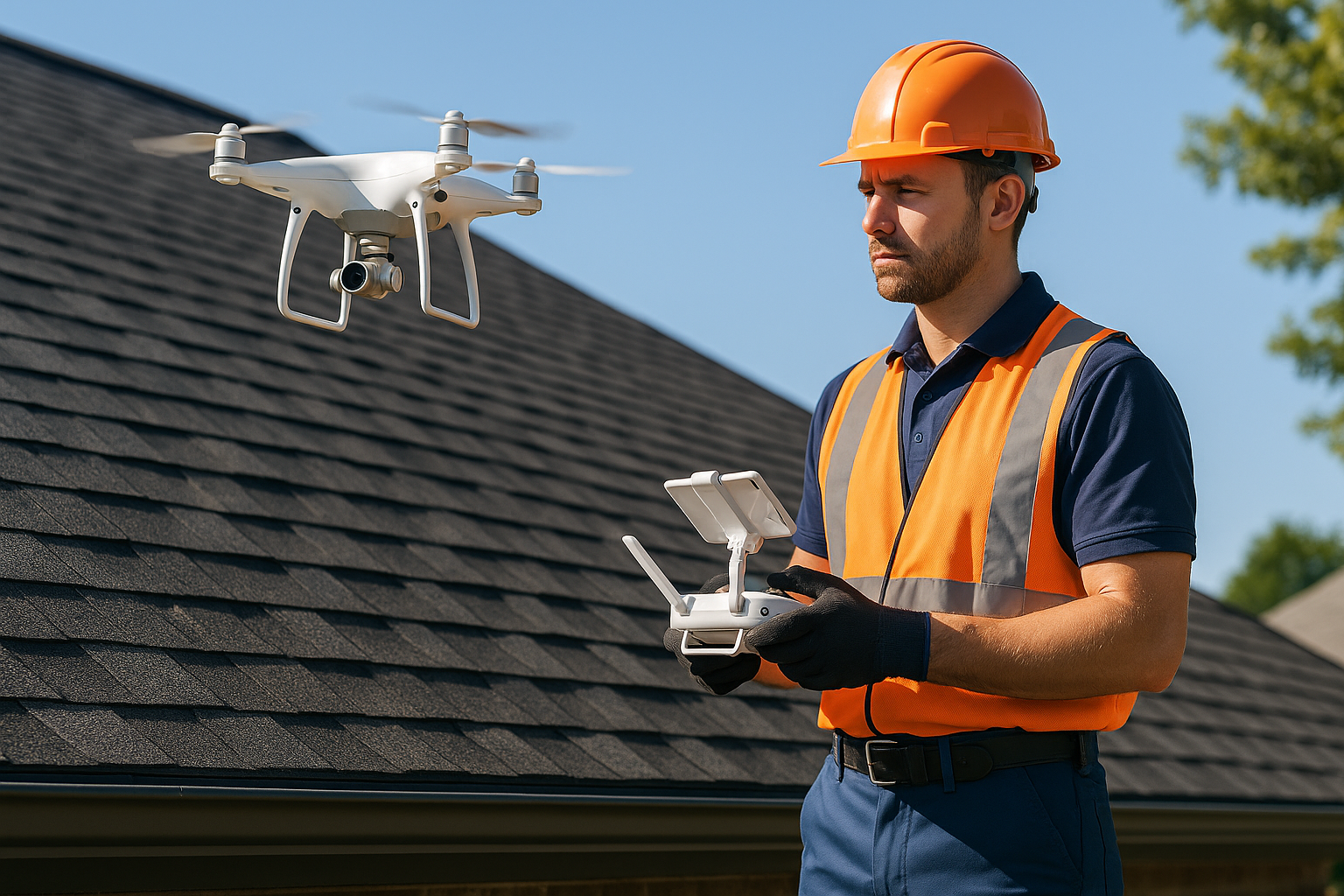 A professional roofer using a drone to inspect a roof for damage on a sunny day