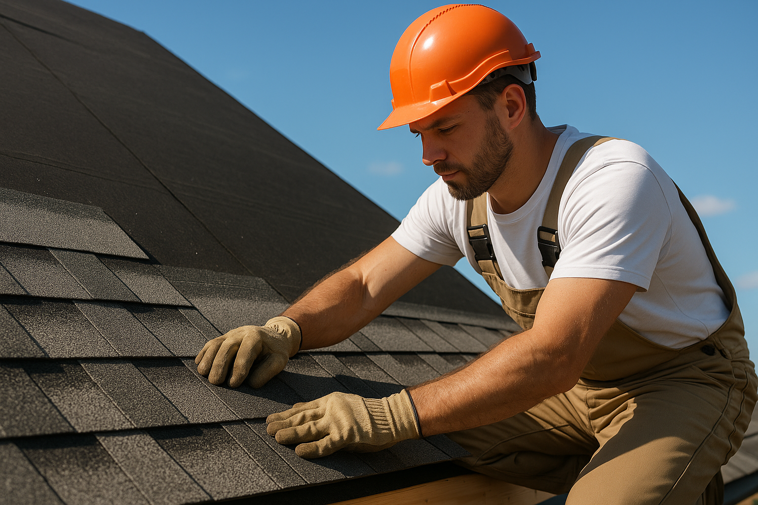 A close-up of a roofer applying a new layer of shingles on a residential roof with clear blue skies in the background