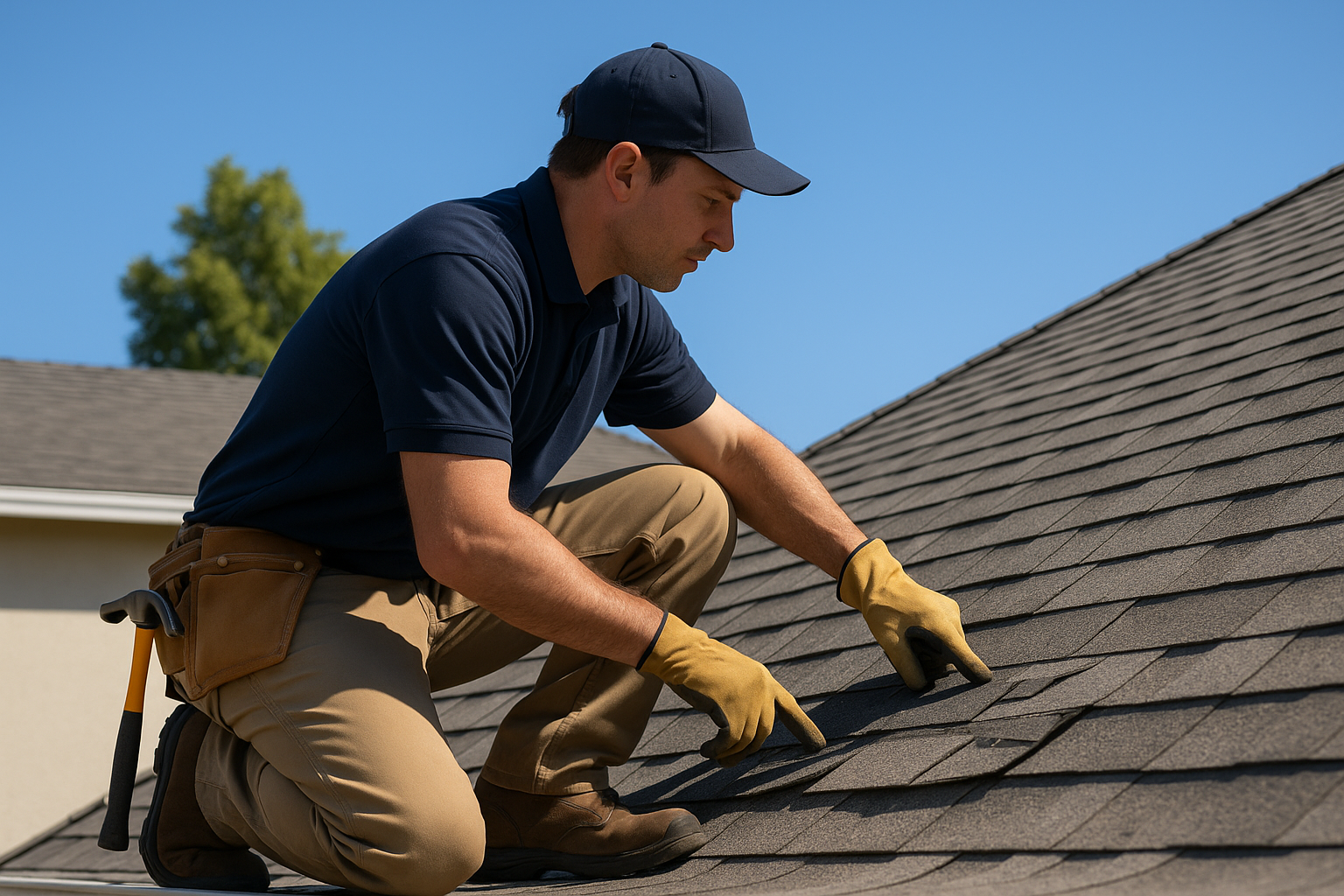A professional roofer assessing damage on a residential roof under a clear California sky