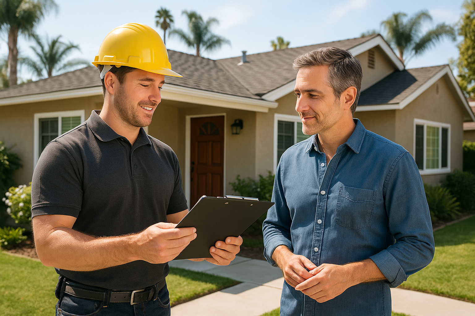 A local roofing contractor discussing project details with a homeowner in front of a suburban home in California