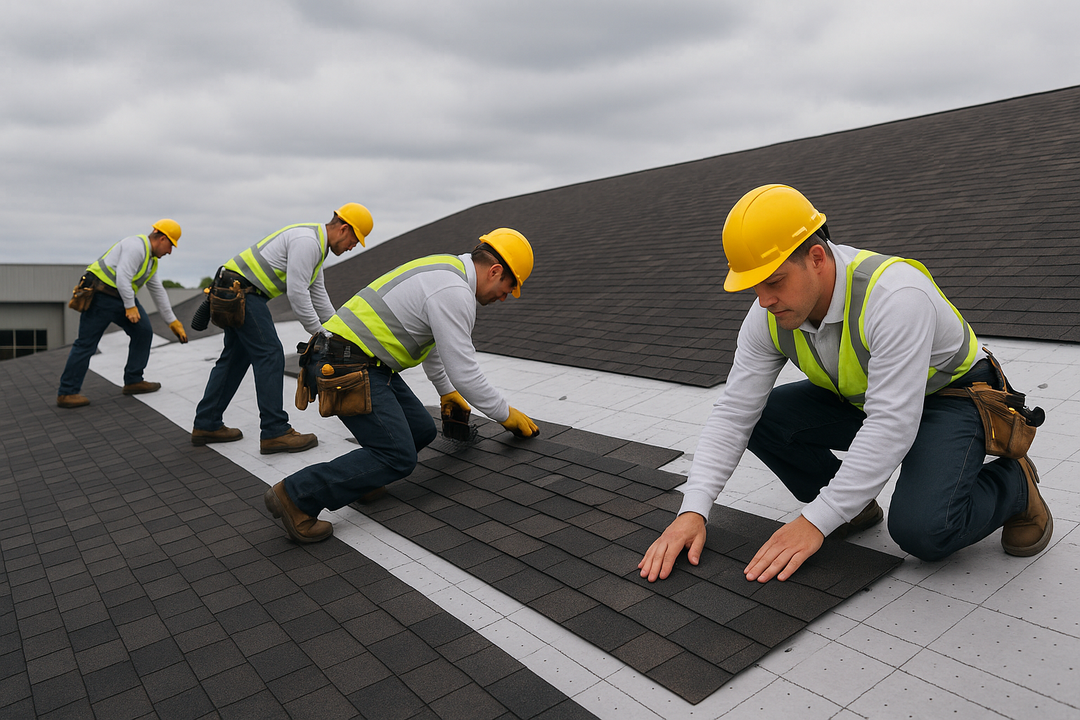 A team of roofers from a national chain installing shingles on a large commercial building under overcast skies