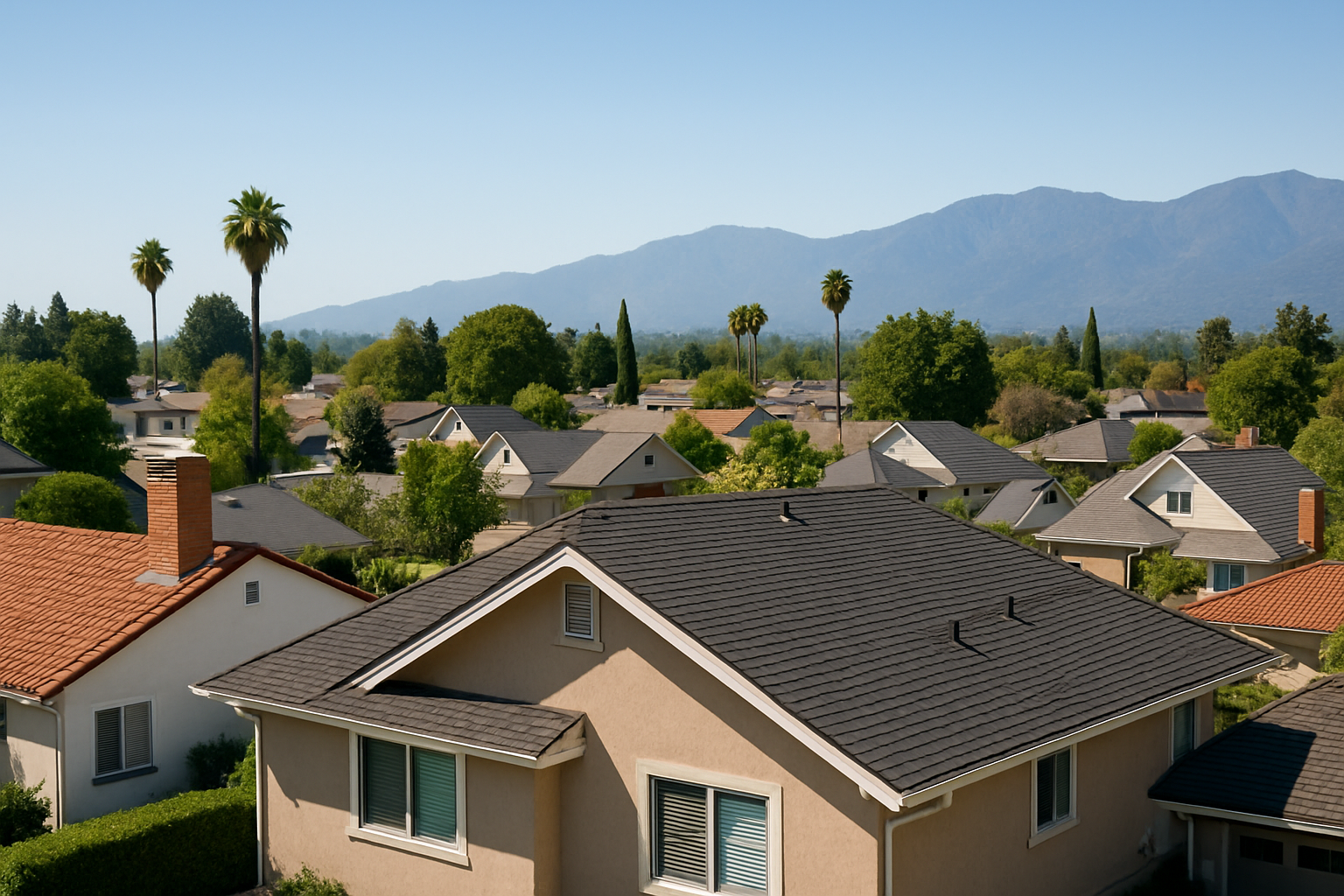 A panoramic view of a suburban neighborhood in the San Gabriel Valley with a mix of residential homes, highlighting diverse roofing styles under clear skies