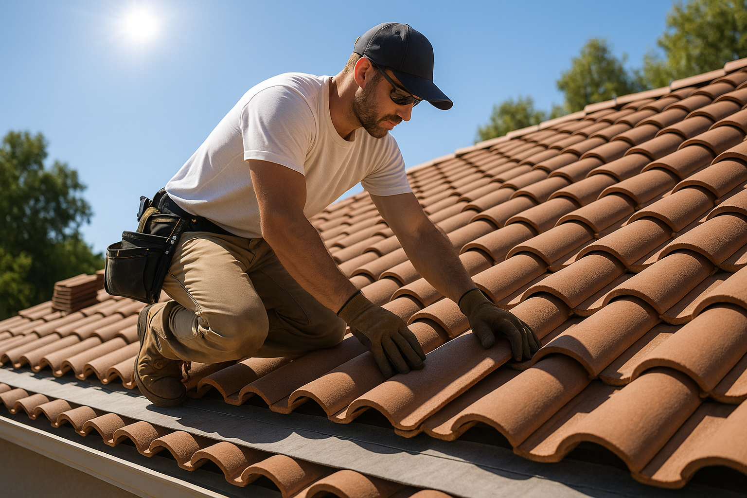 A professional roofer installing clay tiles on a residential roof under bright California sunshine