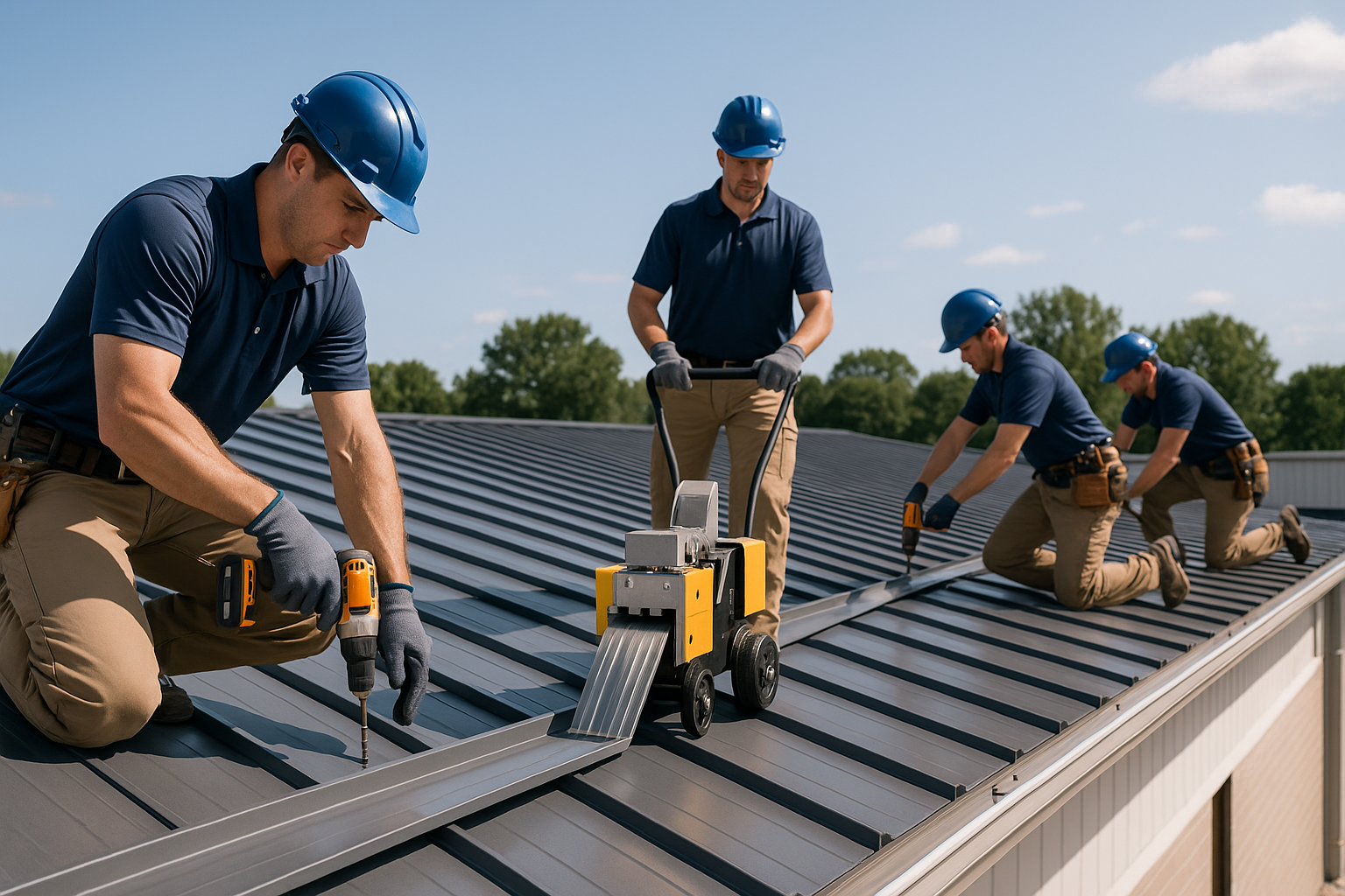 A team of roofers from a national chain using modern equipment to install a metal roof on a large commercial building