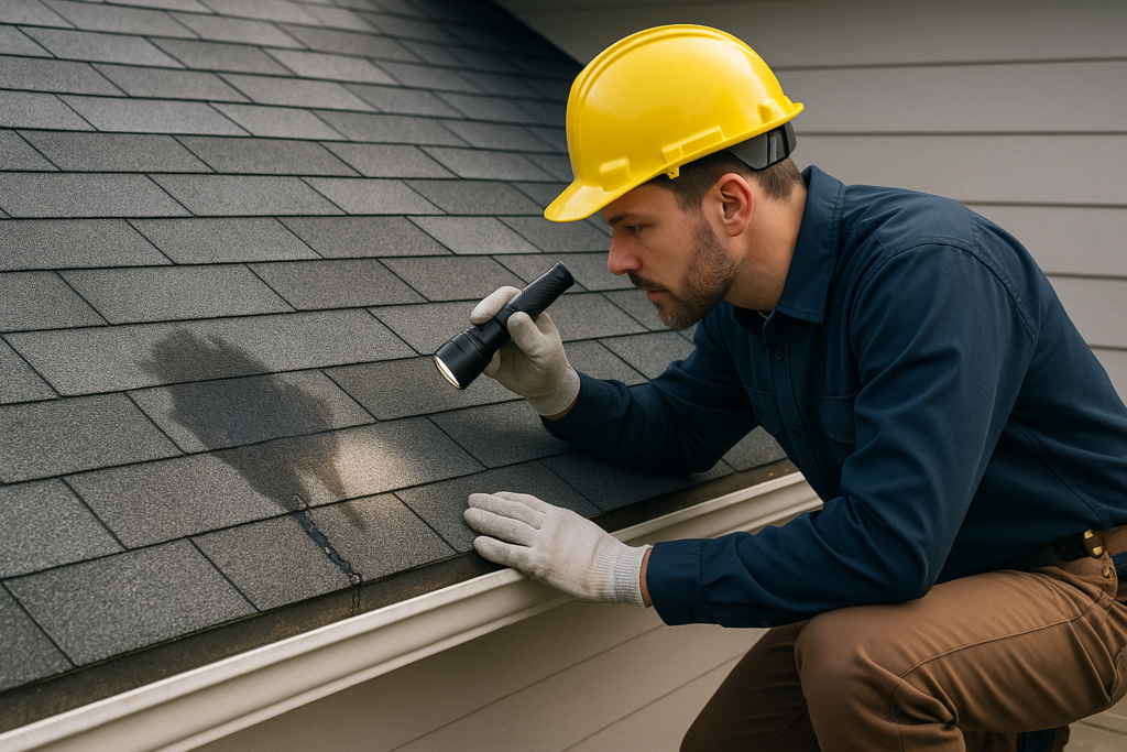 A professional roofer inspecting a roof with a water leak, using a flashlight to locate the source of the problem
