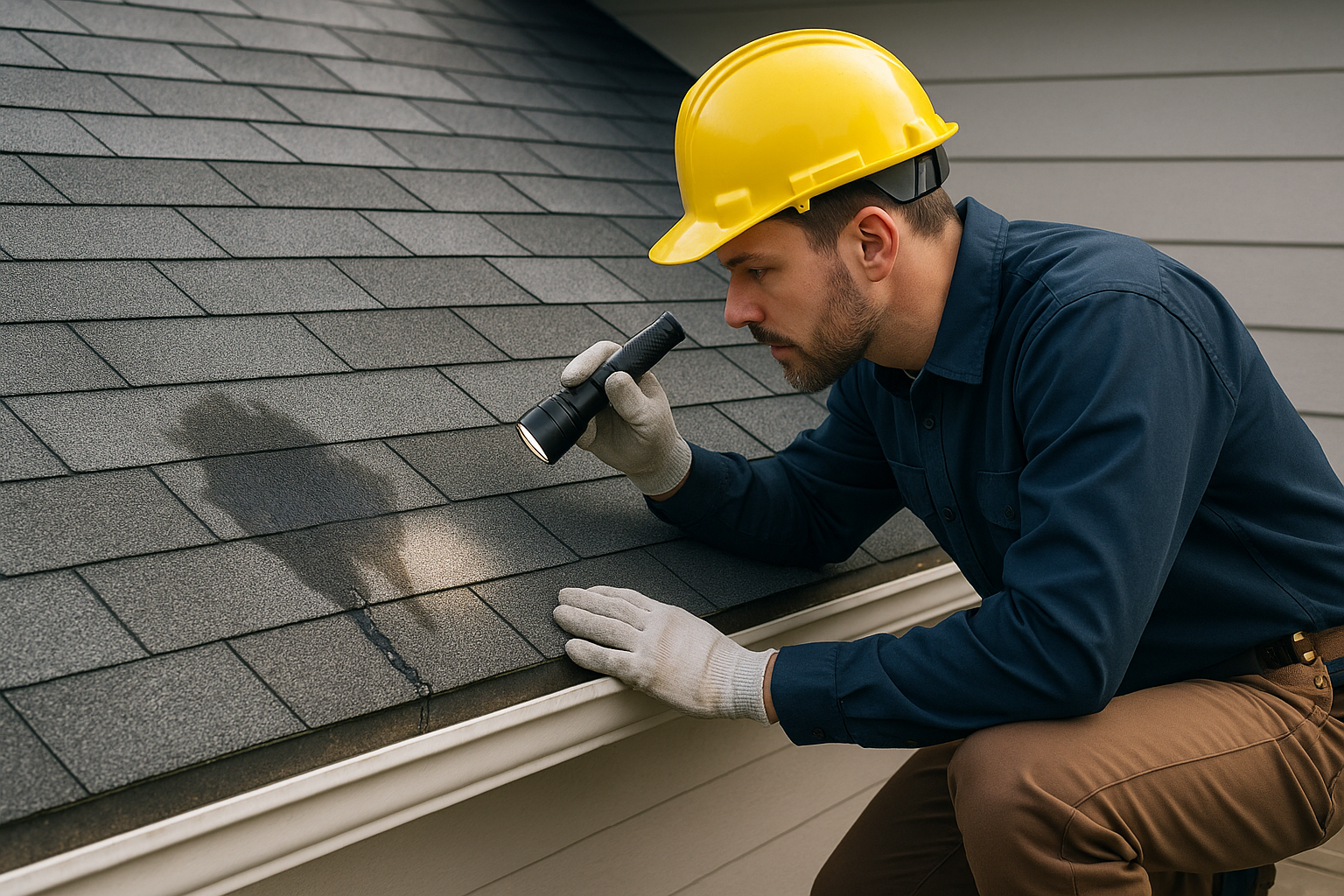 A professional roofer inspecting a roof with a water leak, using a flashlight to locate the source of the problem