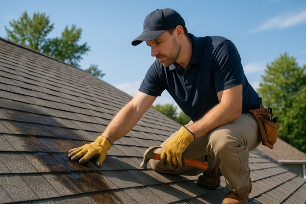 A professional roofer inspecting a roof with visible water damage and preparing for repairs on a sunny day
