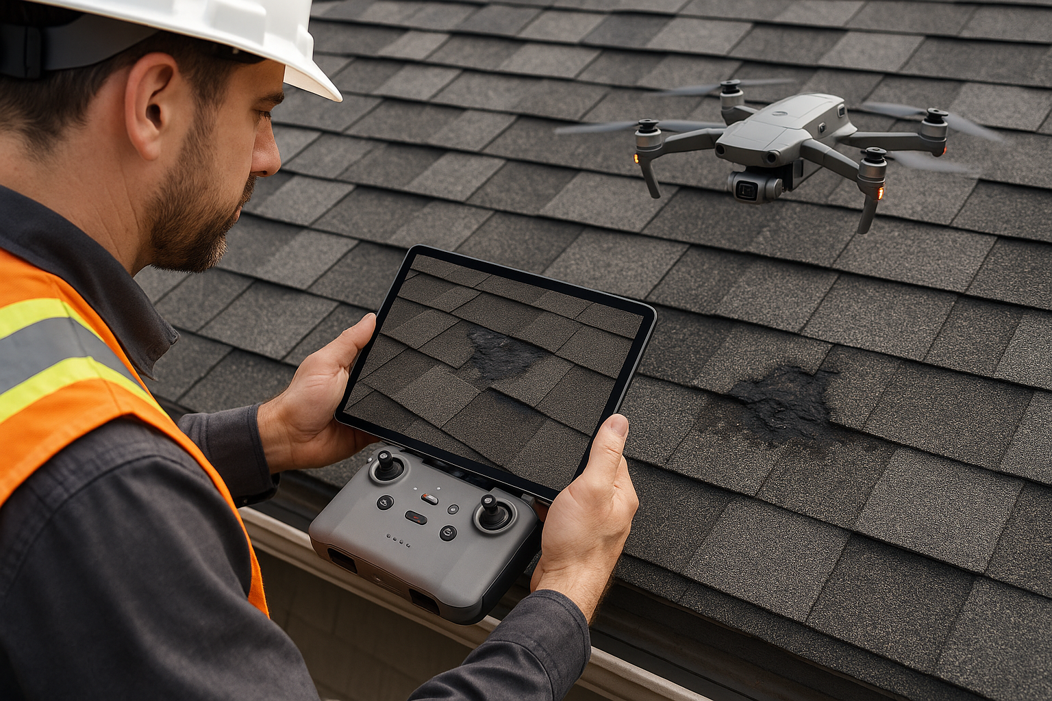 A close-up of a roofer using a drone to inspect a damaged roof for leaks, showing the drone's live feed on a tablet