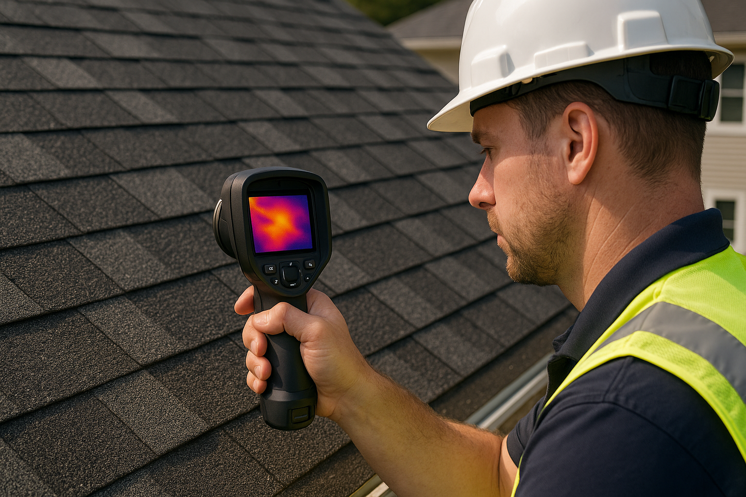 Close-up of a roofer using an infrared camera to detect moisture under shingles on a residential roof
