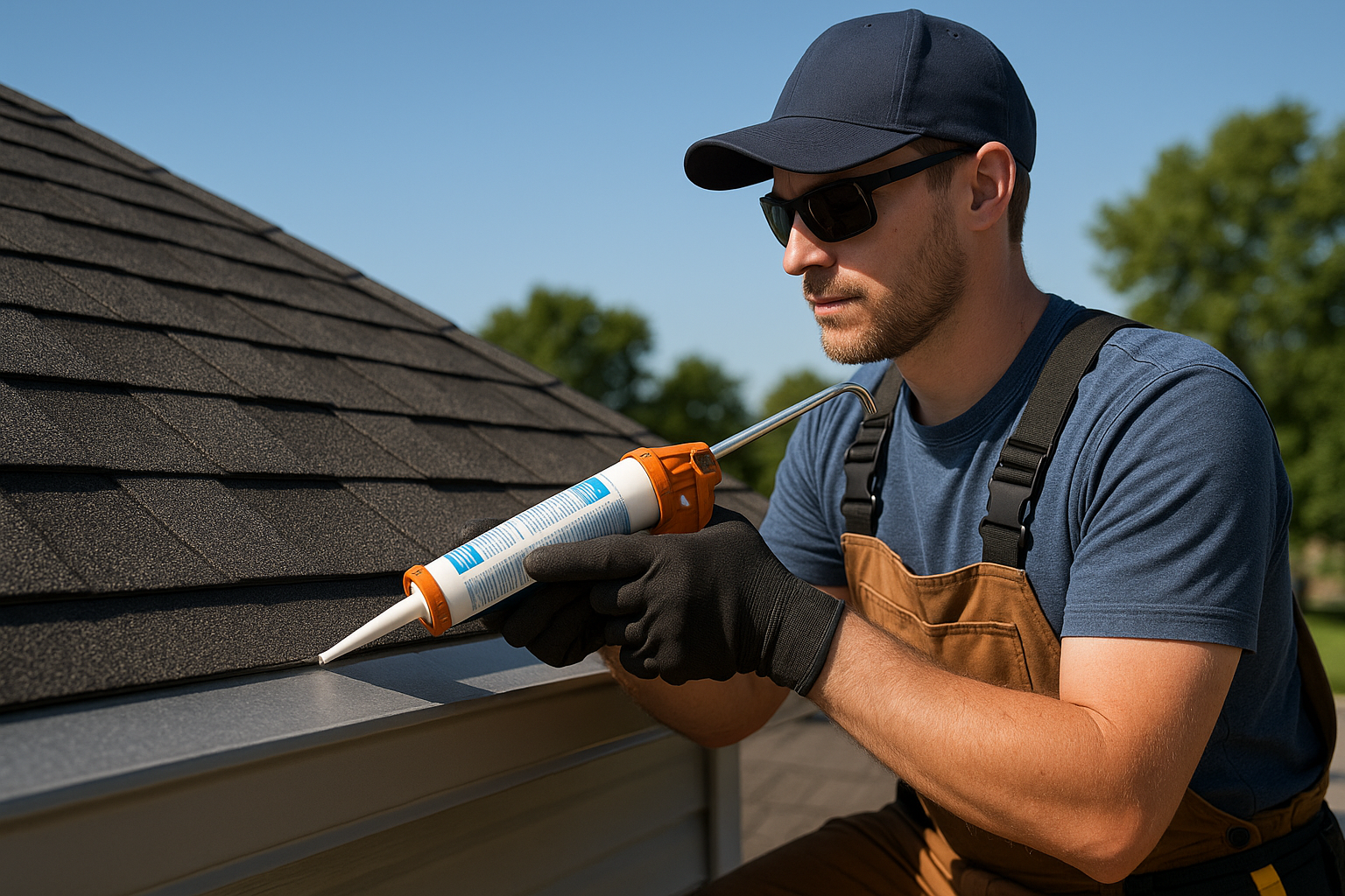 A roofer applying a waterproof sealant to a roof edge during a sunny day, ensuring the area is properly sealed against future leaks