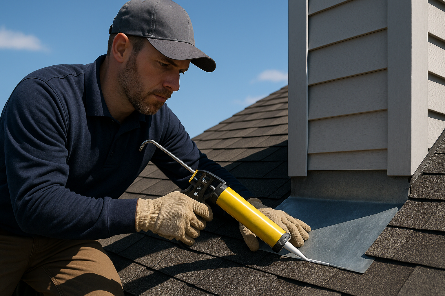 Roofer applying a sealant on roof flashing with high-quality materials under clear skies