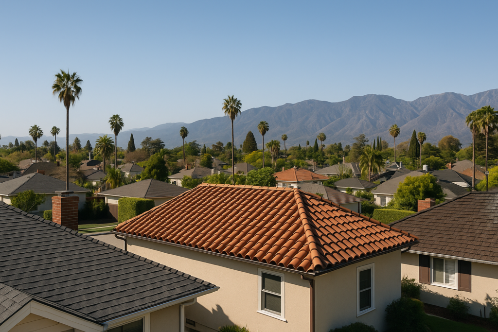 A panoramic view of a residential neighborhood in San Gabriel Valley, showing a mix of roofing styles under a clear California sky