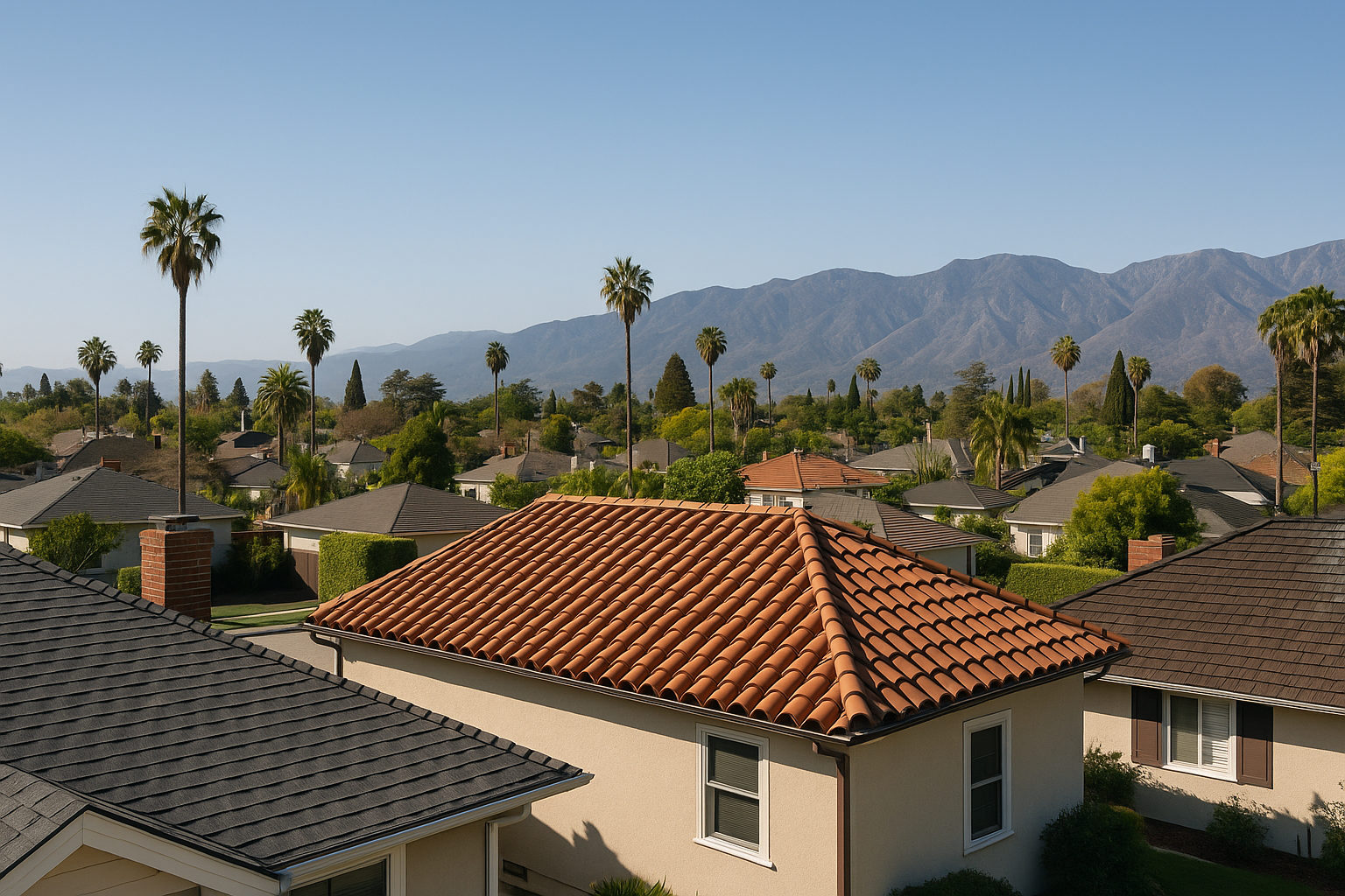 A panoramic view of a residential neighborhood in San Gabriel Valley, showing a mix of roofing styles under a clear California sky