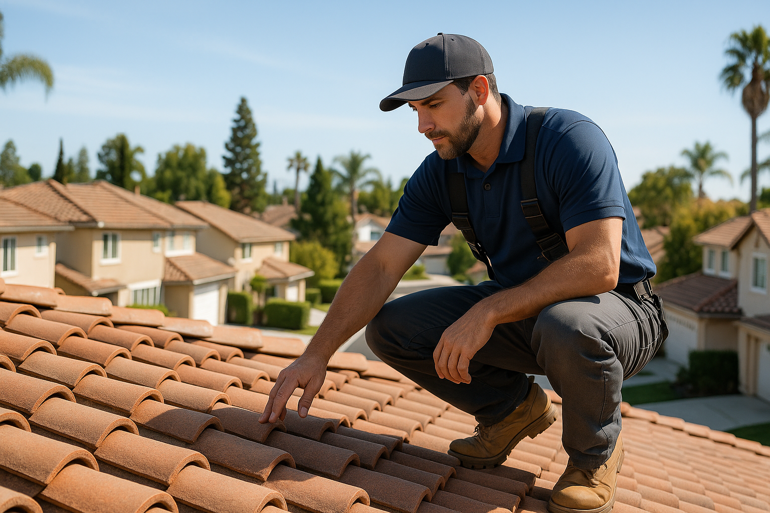 A professional roofer inspecting a Spanish tile roof in a California suburb on a sunny day