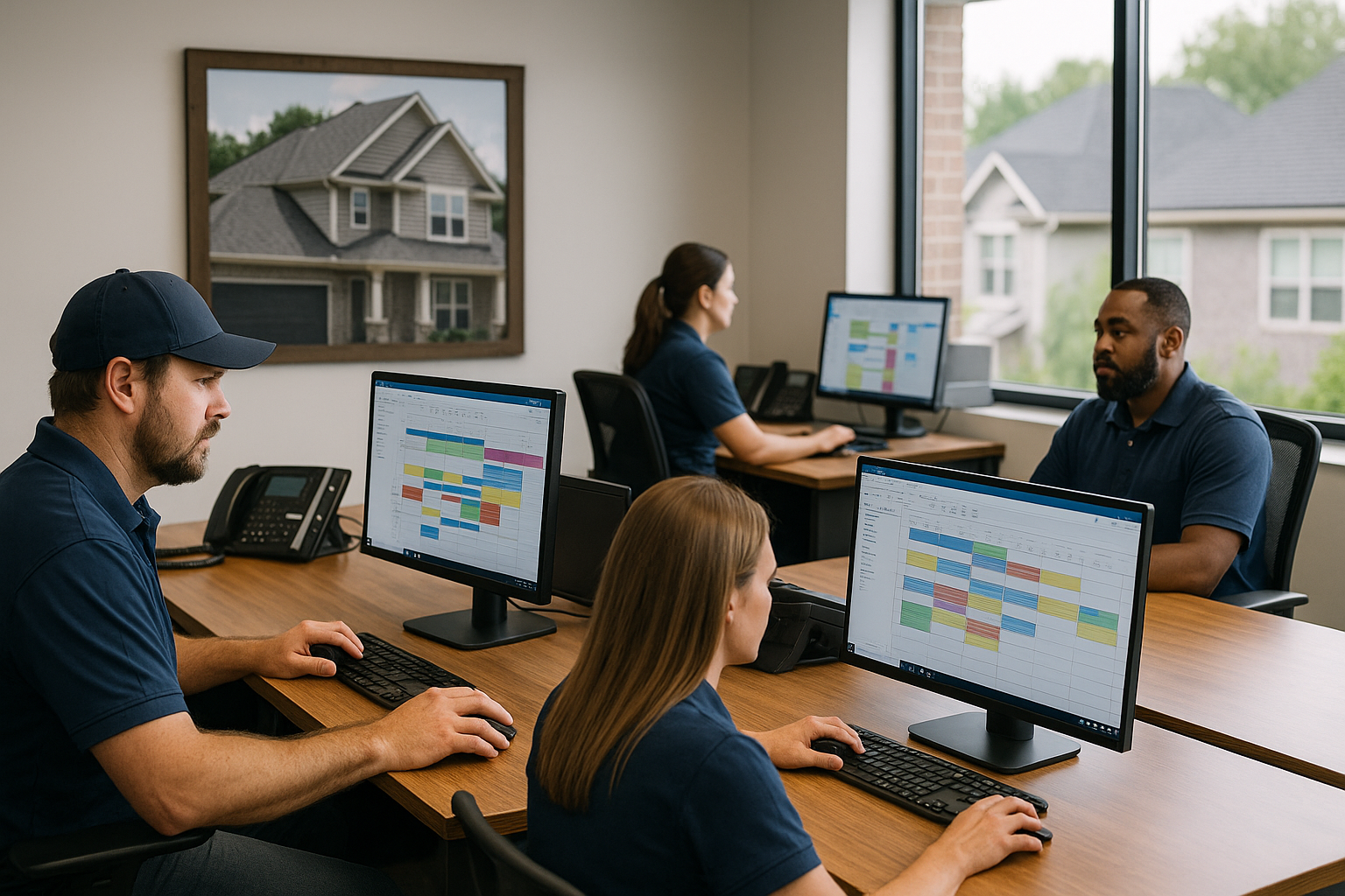 An office of a national roofing chain, showing staff members coordinating schedules on computers