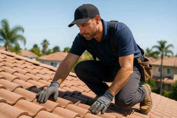 A professional roofer inspecting a tile roof for damage on a sunny day in Southern California