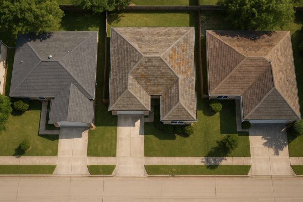 Aerial view of a residential neighborhood with varying roof conditions, highlighting some roofs with visible damage