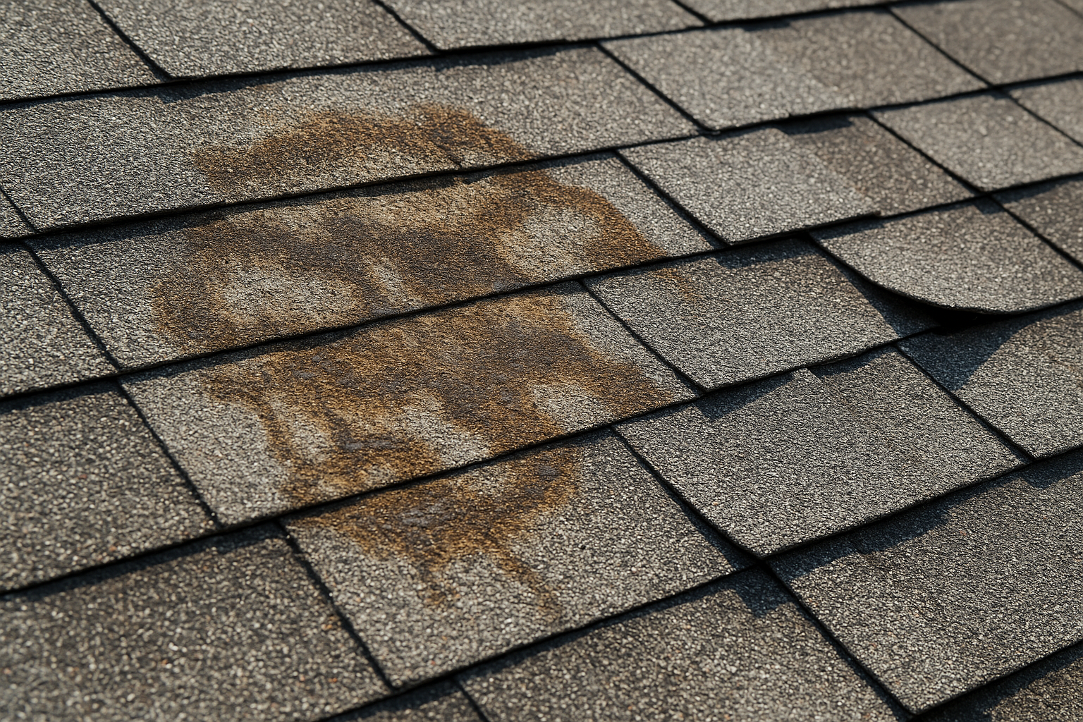 Close-up of damaged asphalt shingles with visible water staining and curling edges